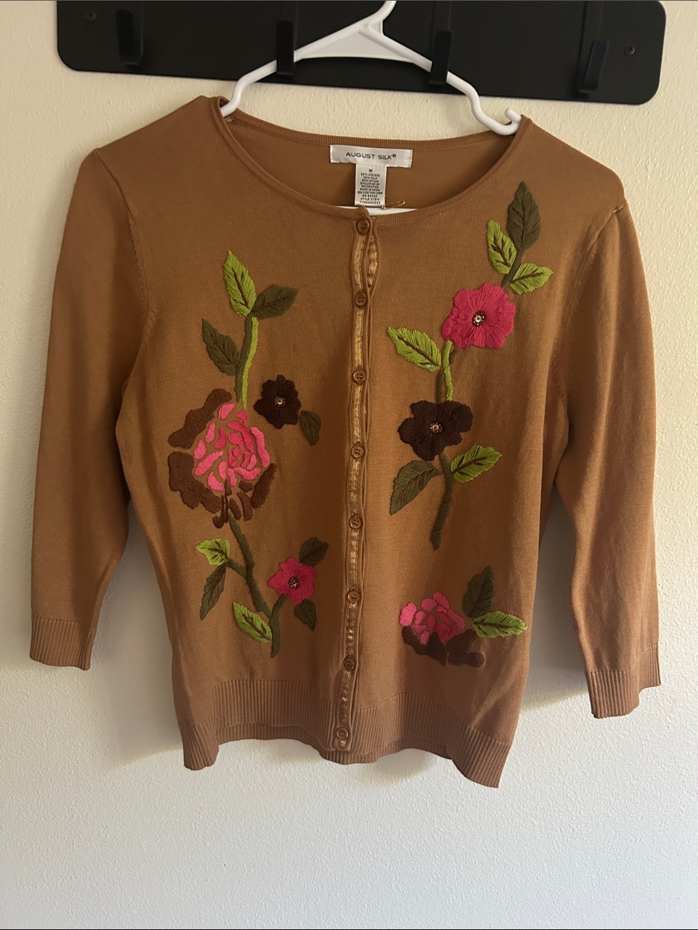 New With Tag August Silk Camel Cardigan with Pink & Purple Floral Embroidery: M